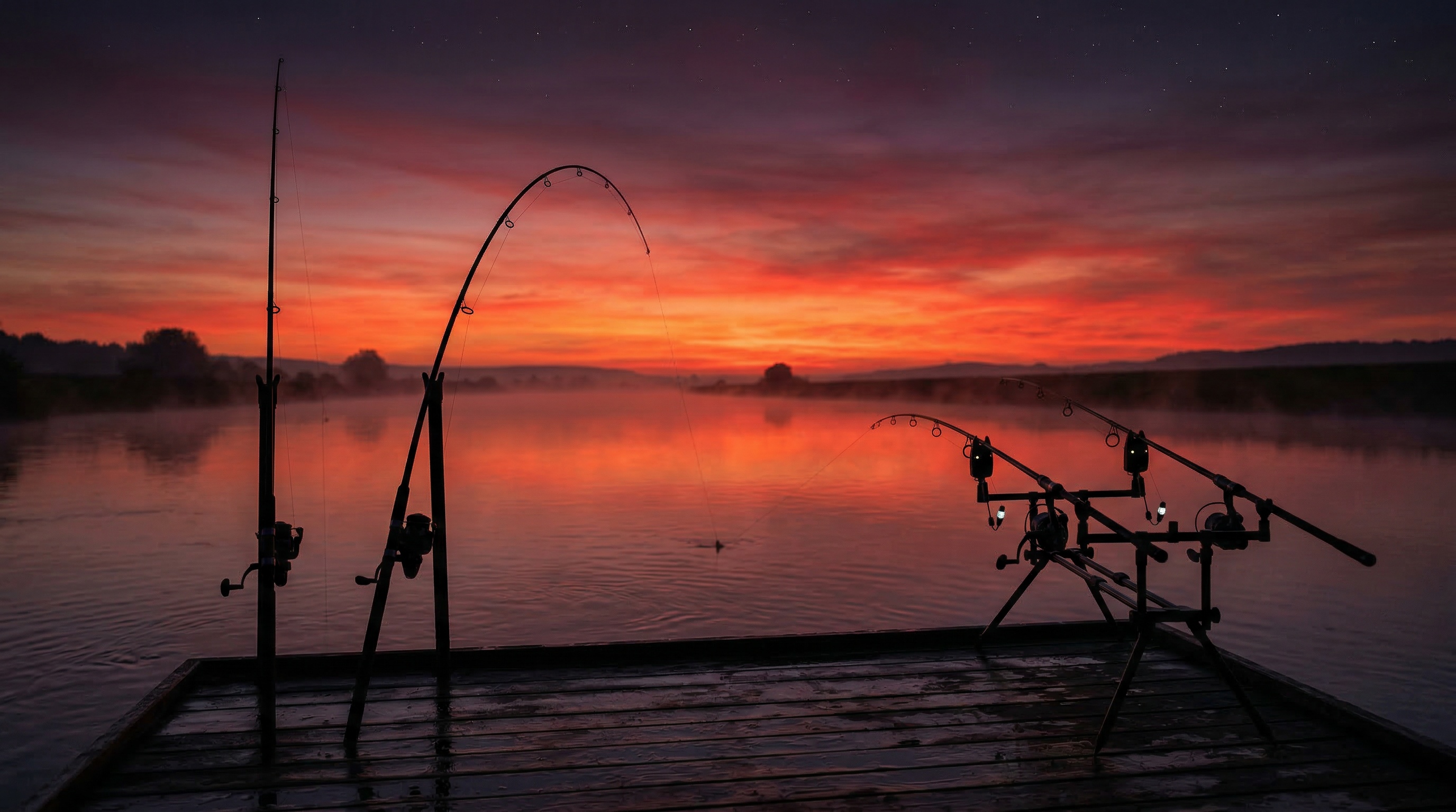 Angelruten am See bei Sonnenaufgang
