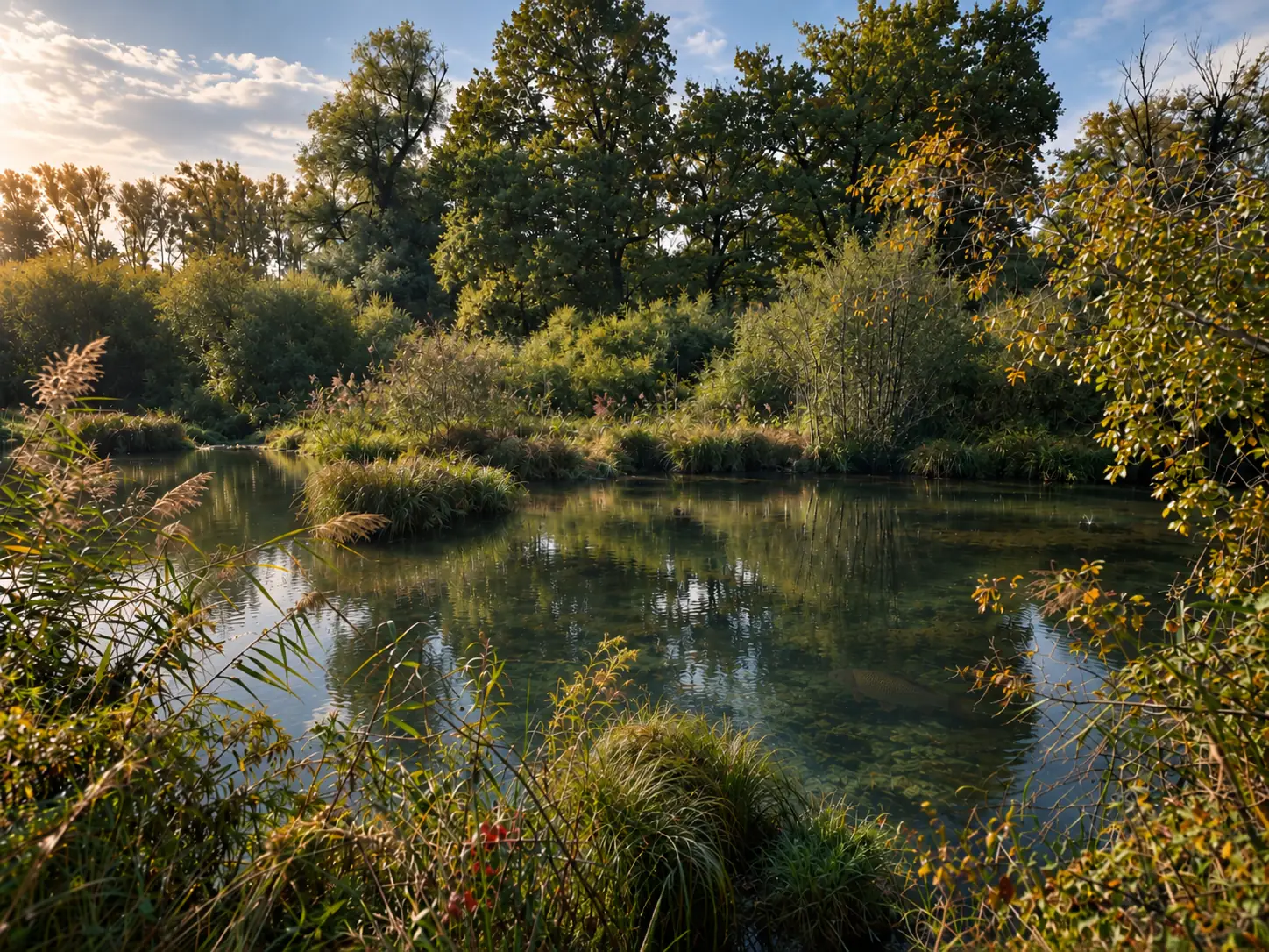 Naturnahes Gewässer mit dicht bewachsenem Ufer