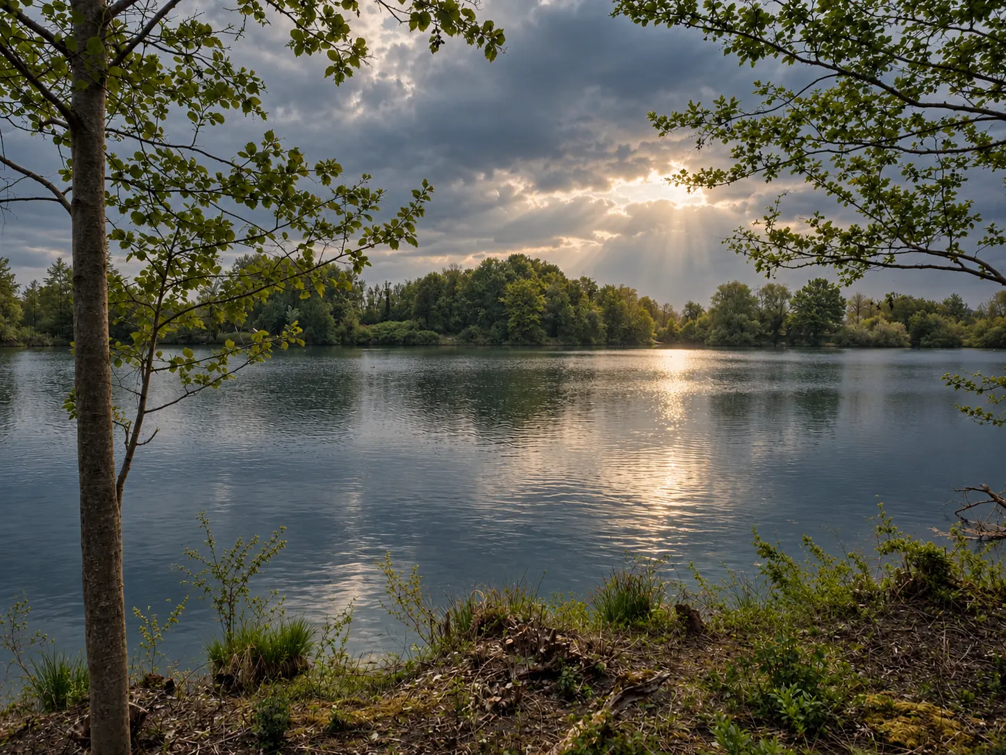 Sonnenstrahlen über dem See, eingerahmt von Uferbäumen